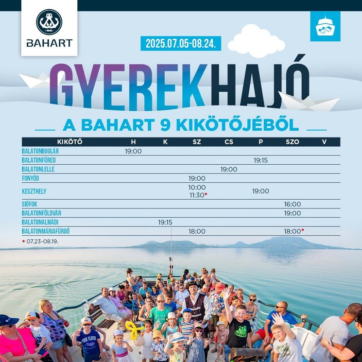 Gyermekprogram Fonyód 2025. Nyári gyerekhajók indulnak a kikötőből
