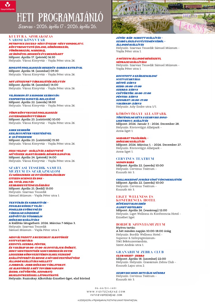 Szarvasi programok 2026 - Események és rendezvények