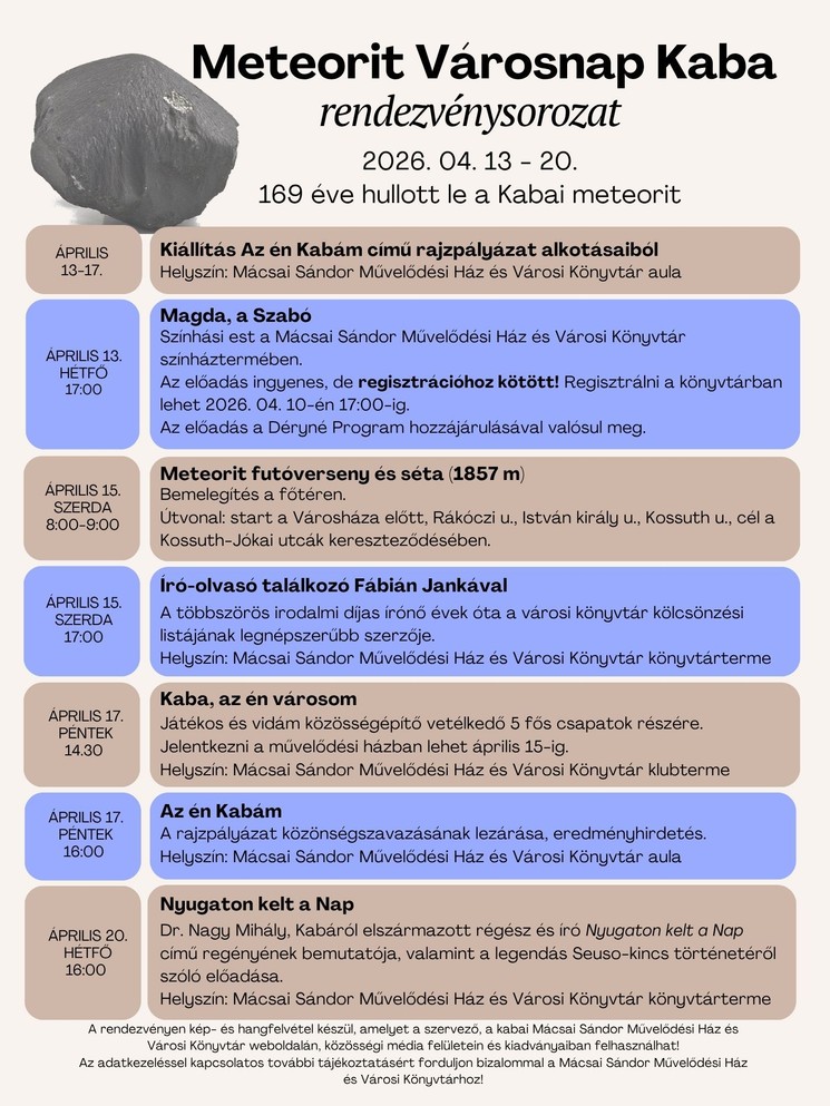 Mácsai Sándor Művelődési Ház és Városi Könyvtár programok Kaba 2026