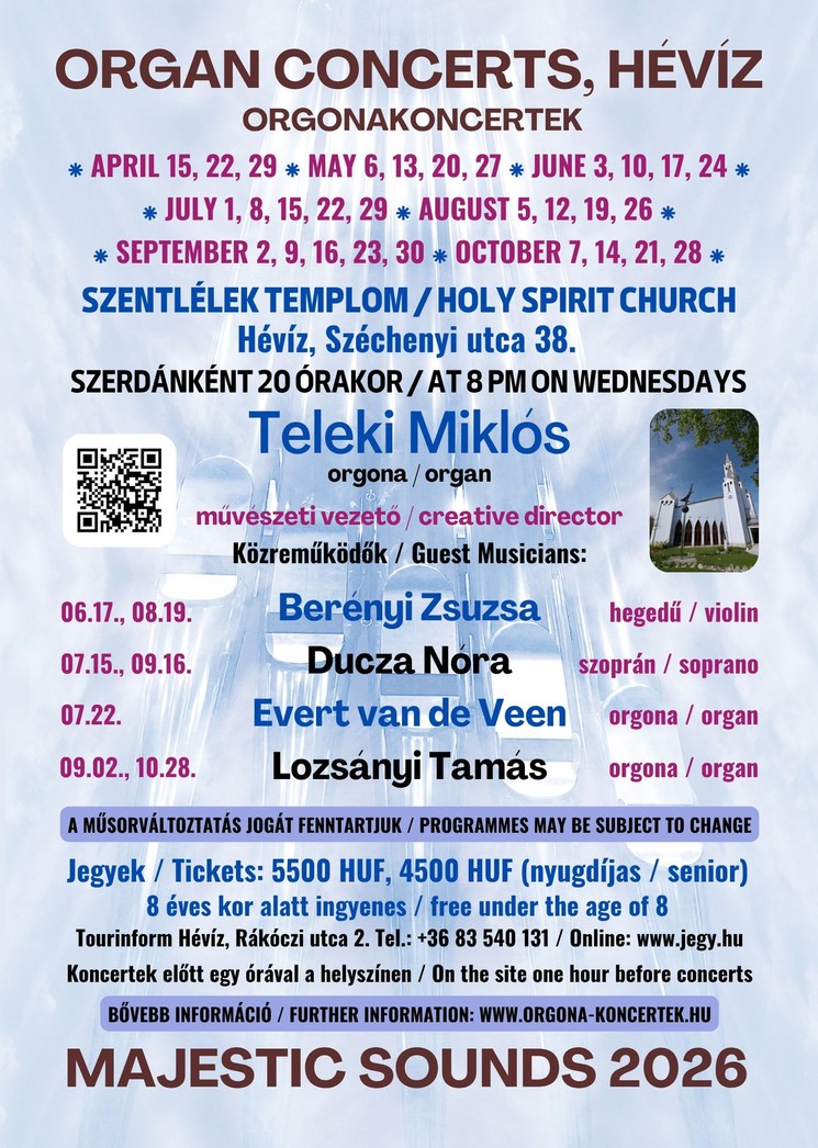 Hévízi orgonaestek 2026 - Majestic Sounds hangverseny-sorozat koncertek Teleki Miklóssal