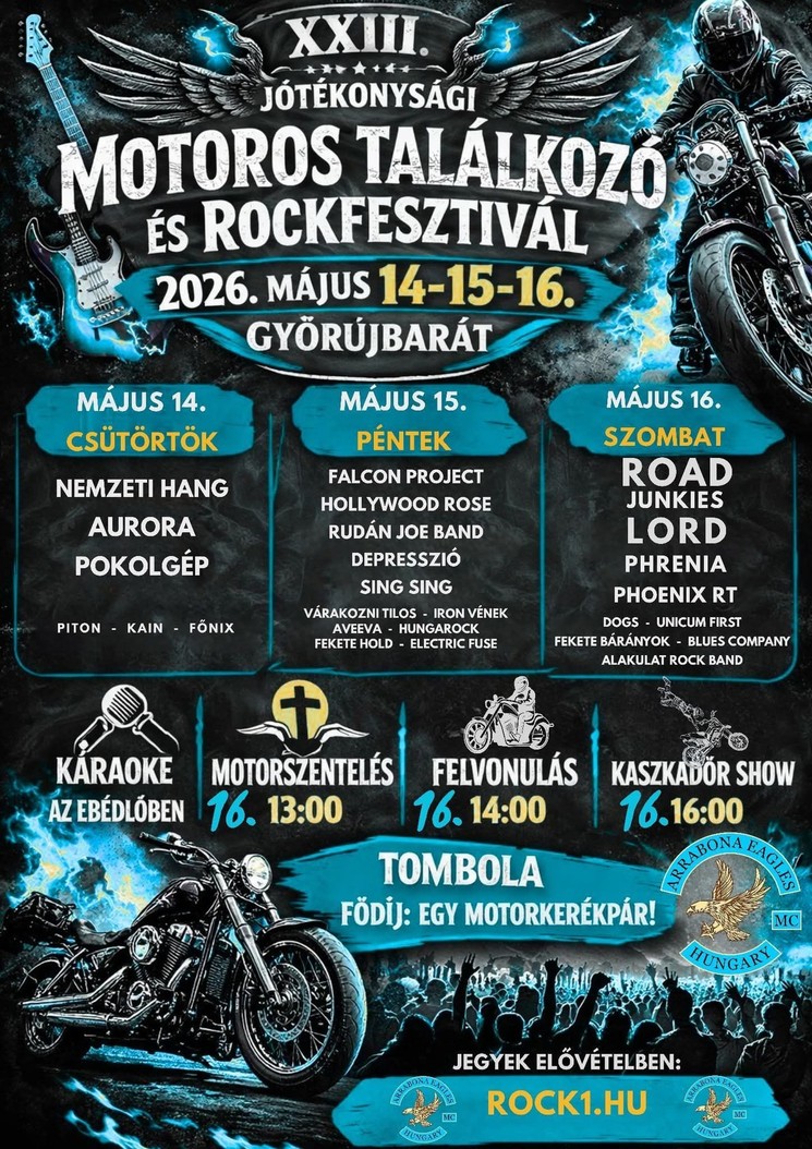 Jótékonysági Motoros Találkozó és Rockfesztivál 2026 Győrújbarát