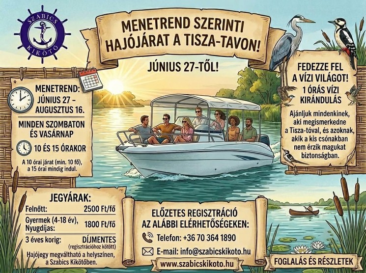 Sétahajó Tisza-tó 2026 - Menetrend szerinti sétahajójárat a nyári szezonban Tiszafüreden