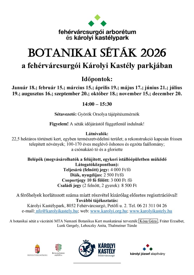 Botanikai séták Fehérvárcsurgó 2026 - Parkséták a Károlyi Kastély történeti kertjében