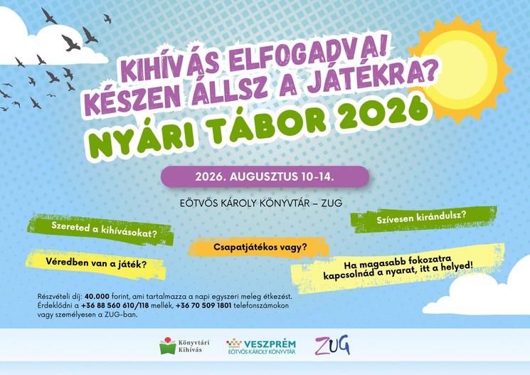 Könyvtári tábor Veszprémben 2026 - Nyári tábor Eötvös Károly Könyvtár-ZUG