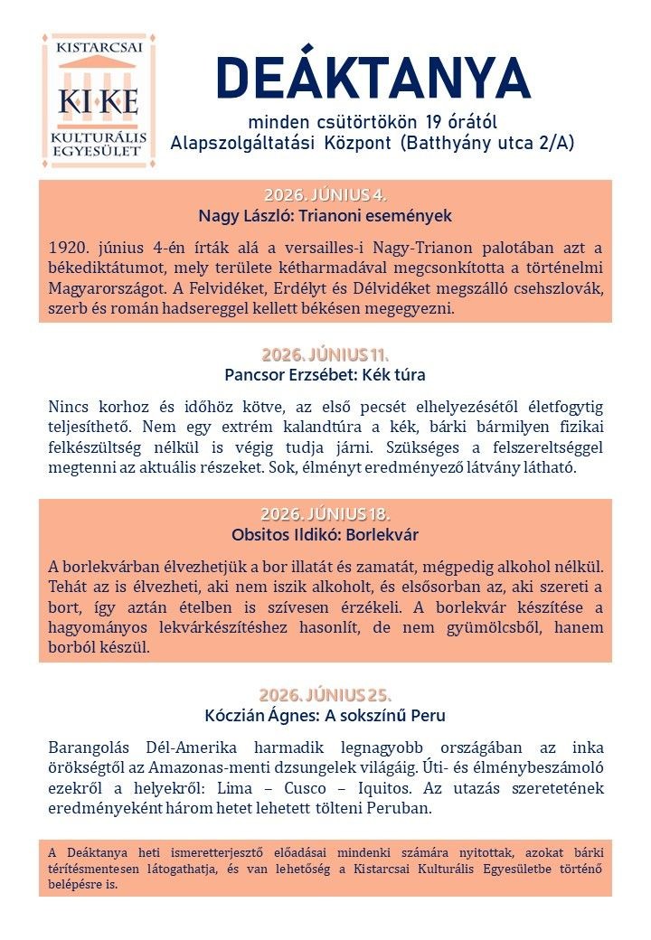 Kistarcsai Kulturális Egyesület programok 2026