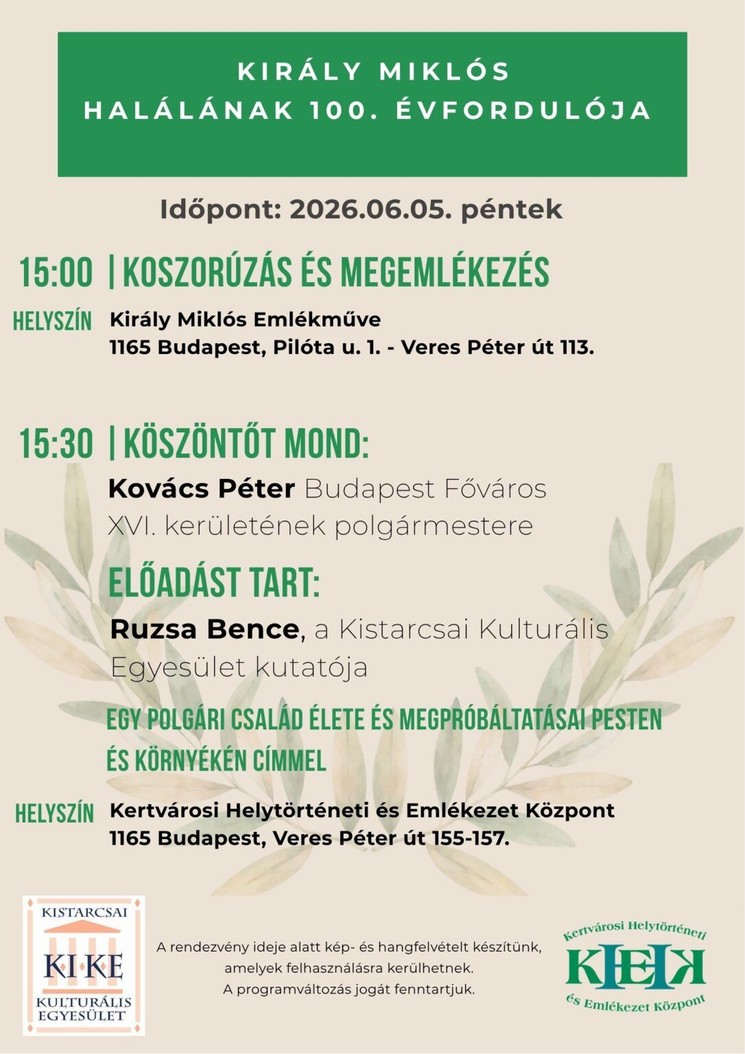 Kistarcsai Kulturális Egyesület programok 2026 