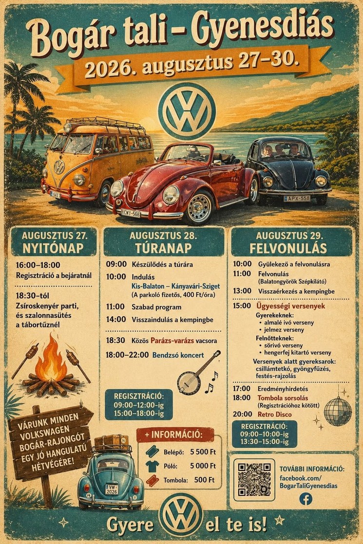 VW Bogár találkozó Gyenesdiás 2026 - VW Bogaras Balatoni Nyárbúcsúztató 