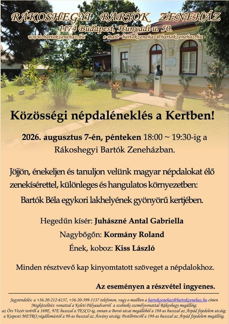 Rákoshegyi Bartók Zeneház koncertek, programok, rendezvények 2026 Budapest