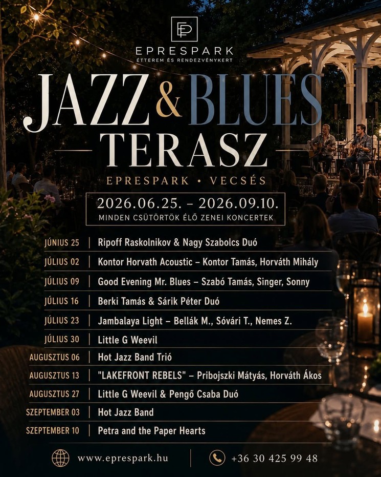 Jazz & Blues koncertek 2026 Vecsés - Ingyenes nyáresti élőzenei koncertek az Epresparkban