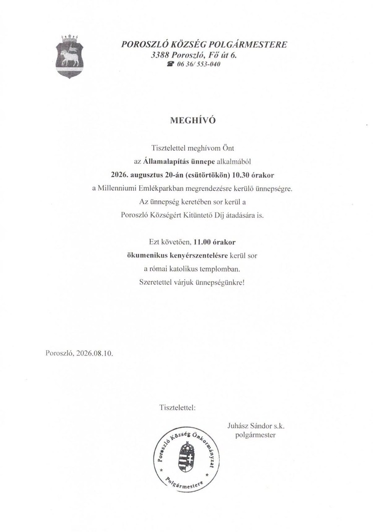 Szent István-napi ünnepség Poroszló 2026