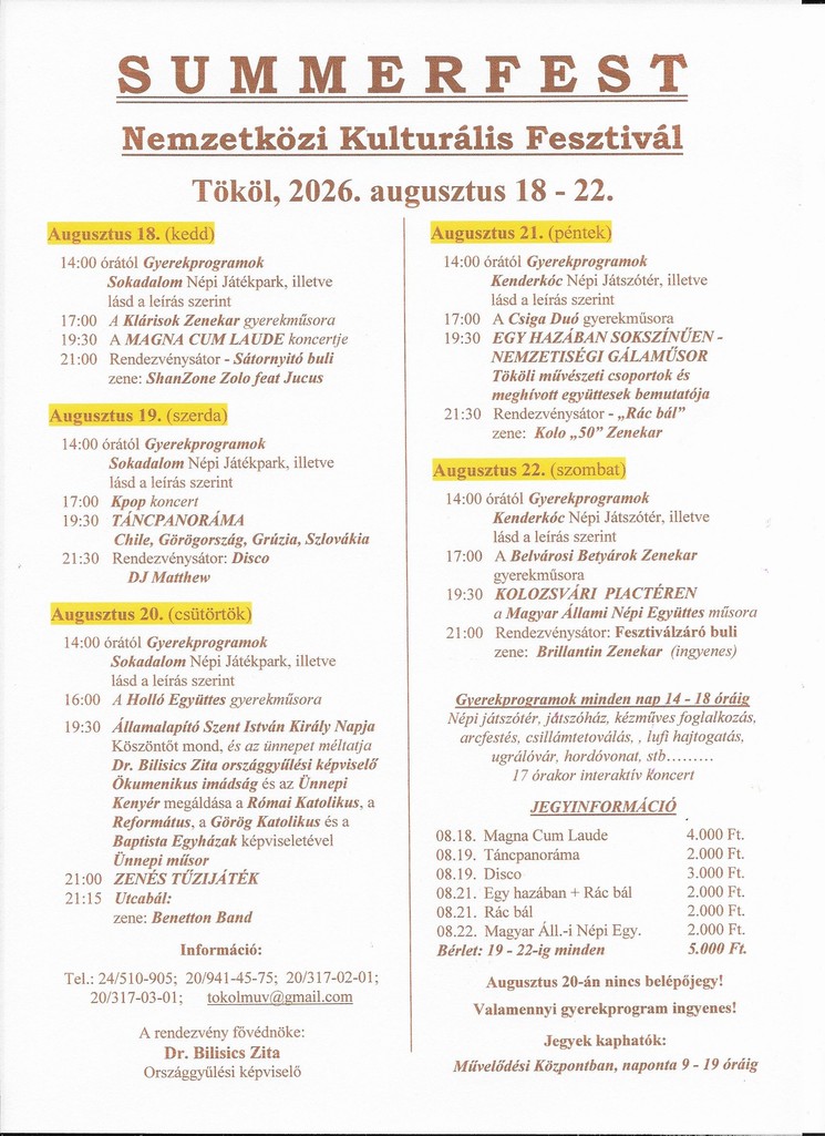 Summerfest Nemzetközi Kulturális Fesztivál 2026 Tököl