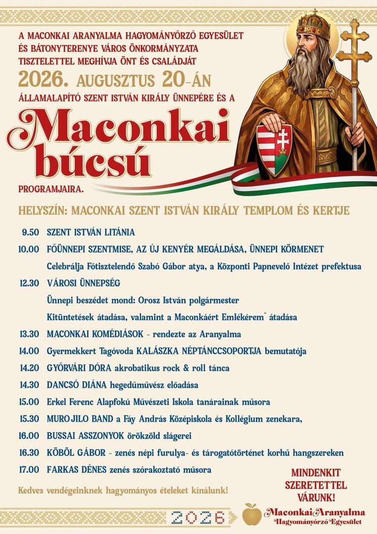 Maconkai Búcsú Bátonyterenye 2026 - Államalapító Szent István király ünnepe