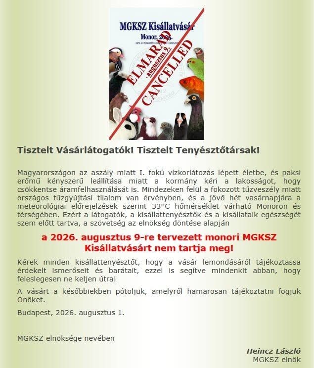 Kisállatbörze Monor 2026 - MGKSZ Kisállatvásár Monoron