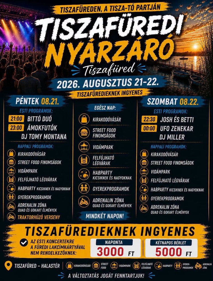 Tiszafüredi programok 2026 - Események, rendezvények