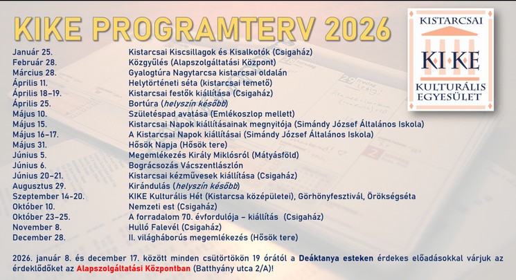 Kistarcsai Kulturális Egyesület programok 2026