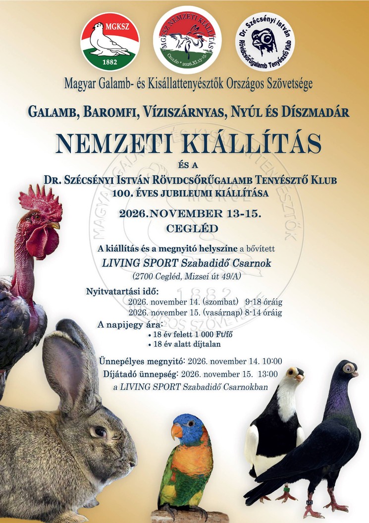 Galamb-, Baromfi-, Víziszárnyas-, Nyúl- és Díszmadár Nemzeti Kiállítás 2026 Cegléd