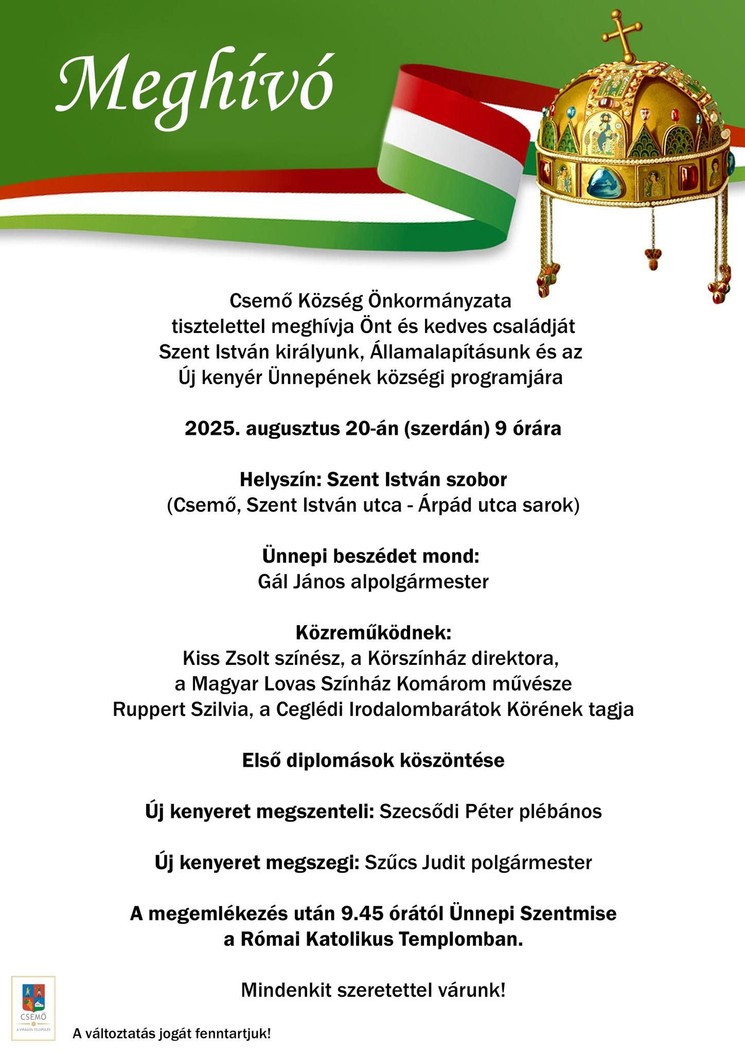 2025. Augusztus 20. Csemő. Államalapításunk és az Új kenyér ünnepe