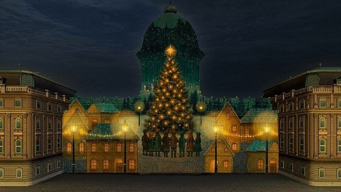 Fényfestés Budapest 2025. Ünnepváró fényfestés és drónshow a Magyar Nemzeti Galériánál