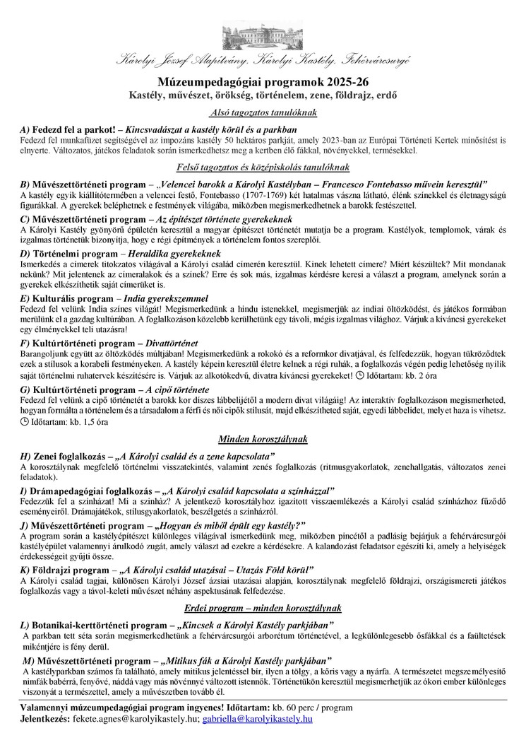 Múzeumpedagógiai foglalkozások a Károlyi Kastélyban Fehérvárcsurgón