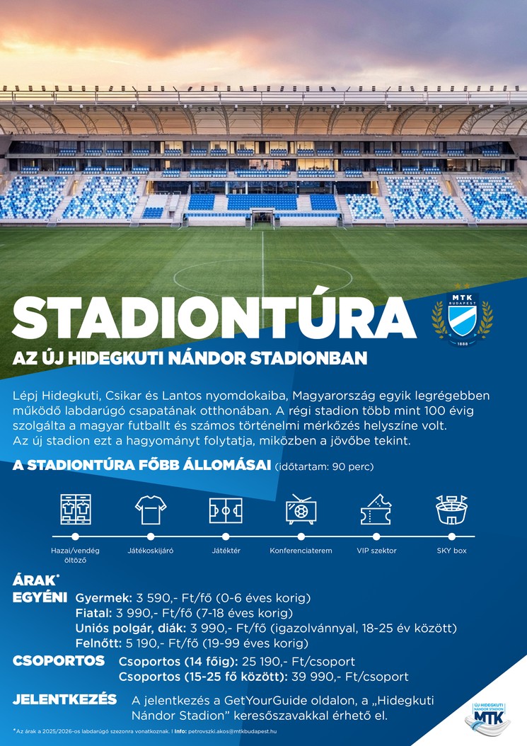 Stadiontúra 2026 Budapest - Látogatás az MTK otthonában, az Új Hidegkuti Nándor Stadionban