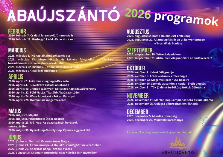 Abaújszántó programok 2026 - Események, rendezvények