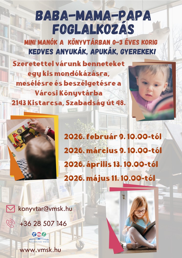 Baba-Mama Klub Kistarcsa 2026 - Mondókázás, mesélés és beszélgetés a Városi Könyvtárban