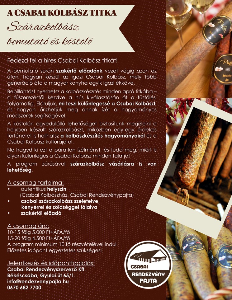 Kolbász kóstoló 2026 Békéscsaba. Szárazkolbász bemutató a Rendezvénypajtában