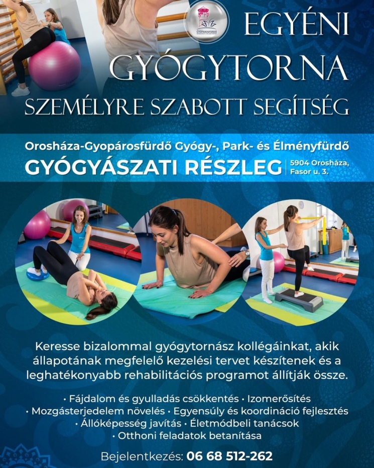 TB támogatott gyógytorna Orosházán, a Gyopárosfürdői Gyógyfürdőben