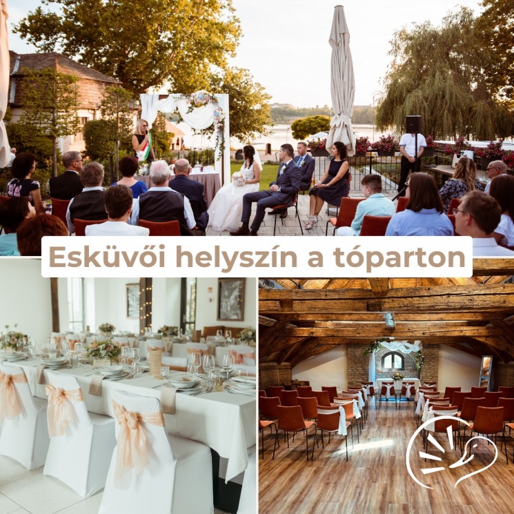 Tóparti romantikus esküvői helyszín Tatán a tóra néző panorámával, mennyei étel- és italkínálattal